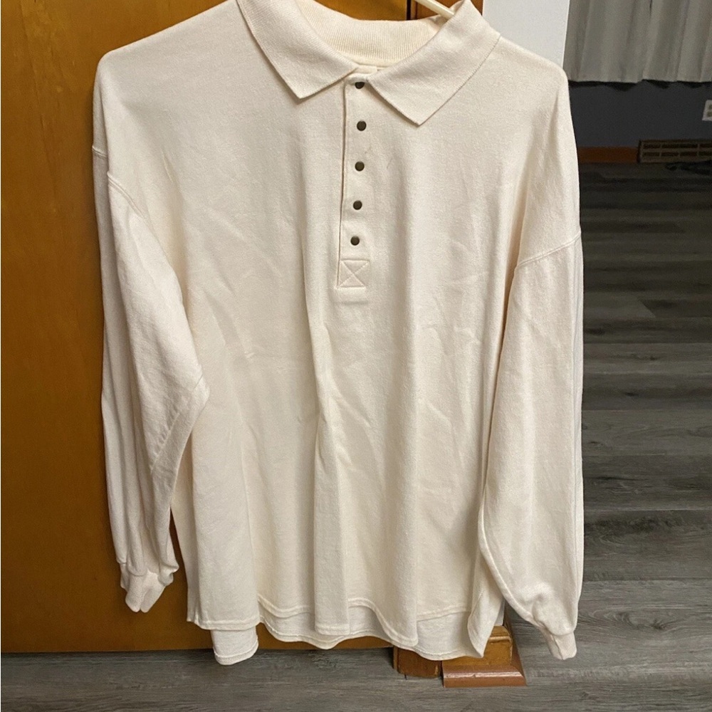 LL BEAN Men's Cream Long Sleeve Polo Shirt Large Made in USA